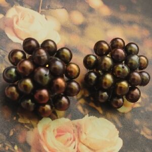 Vintage Pearl Cluster Flower Beads Clip On Earrings Cocoa coffee tones
